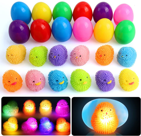 12 Pack SURCVIO Easter Eggs Fillers LED Chick Puffer Balls, Easter Basket Stuffers with Light Up Stress Relief Fidget