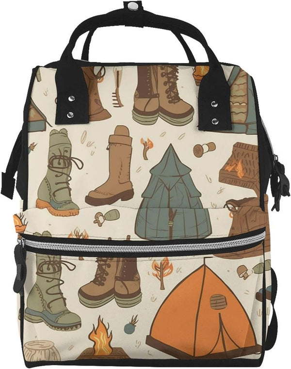 DWVTSLH Sleeping Bag Boots Campfire pattern Diaper Bag Backpack Multifunction Nappy Bags Waterproof
