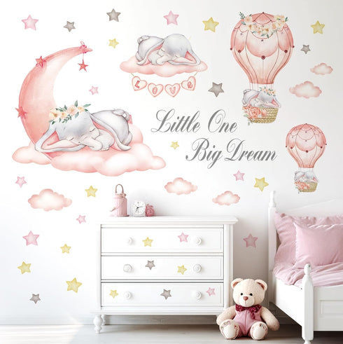 (SG-2203) DECOWALL Dream Big Little One Wall Decals Elephant Moon and Stars Nursery Wall Stickers, Peel and Stick