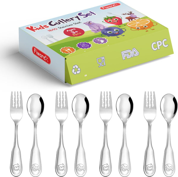 Toddler Utensils Kids Silverware Set, 8 PCS 18/10 Stainless Steel Cutlery with Dog & Cat Pattern, Dishwasher Safe