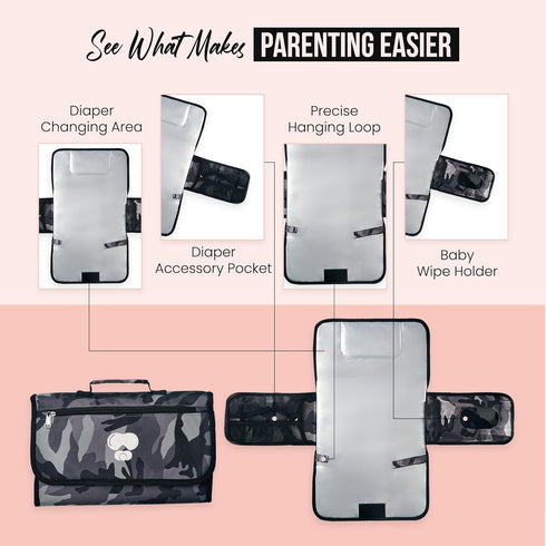 Black Grey Baby Camo Portable Diaper Changing Pad Waterproof Foldable Travel Mat with Pockets Soft Oxford Fabric