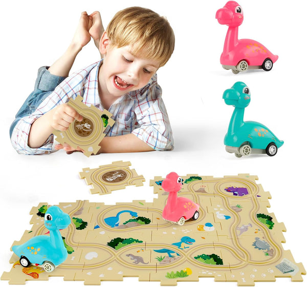 Kids Car Track Set Puzzle Racer with 2 Dino Cars, Toys for Boys Ages 2-6, Montessori Car Tracks for Toddlers