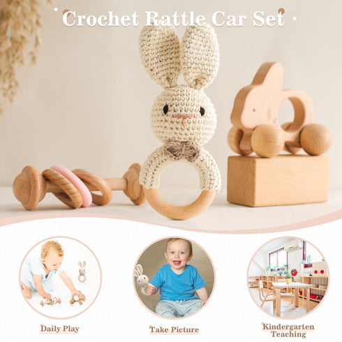 Wooden Baby Rattle 3 PCS Push Car Rattle Set, Crochet Rattle Ring Montessori Toy for Newborn Gifts