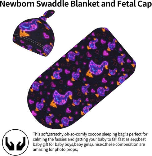 Nanyizly Set 0-6m Neon Glowing Duck Hearts Flowers Newborns Beanie Swaddle Blanket Baby Receiving Blankets for Infant