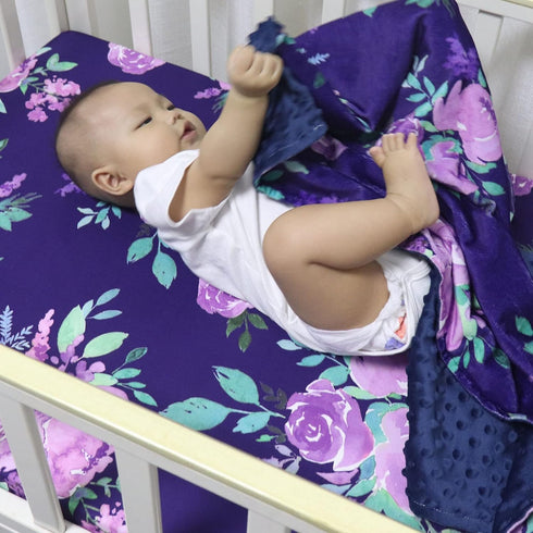 Girl Crib Sheet, Purple Flower Nursery Bed, Flower Sheets for Baby Toddler Mattress, Stretchy and Soft Premium Crib