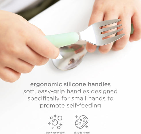 Set, 2 Pack Ubbi Toddler Utensils Stainless Steel Fork & Spoon with Easy-Grip Silicone Handles, Kids Silverware