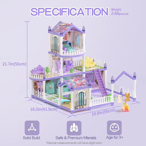 randhar 9 2 3+ Lilac Purple Doll House for Girls, Dream Dollhouse Rooms with Dolls, Animals, Lights, Furniture