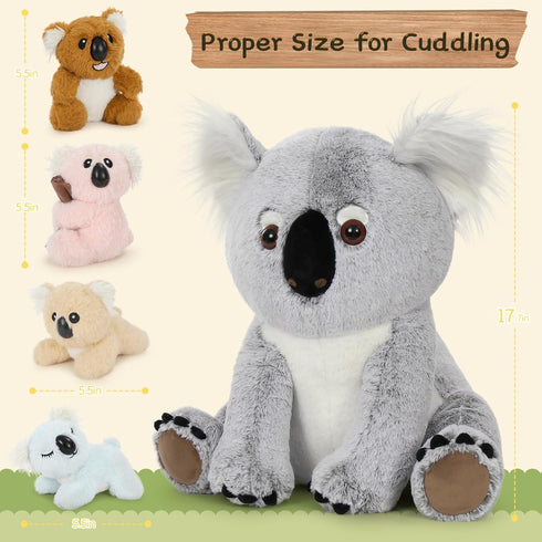 5Pcs 17.7 Inch, 4 Koala Bear Stuffed Animal Mom Koala Plush Toy with Adorable Babies Plushies in Zippered Back