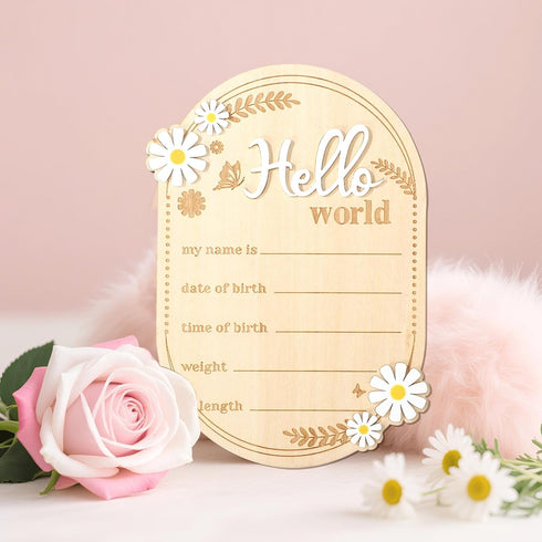 Penitue Wooden Baby Announcement Sign, Hello World Newborn Birth Signs Cute Daisy Decors Welcome New Baby Arrival Name