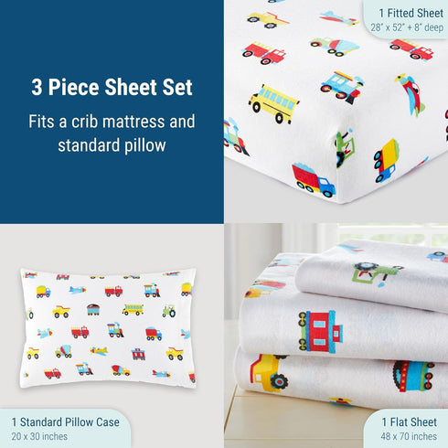 Set 100% Cozy Wildkin Flannel Toddler Sheet Cotton, Soft & Bed Sheets - Trains, Planes, and Trucks