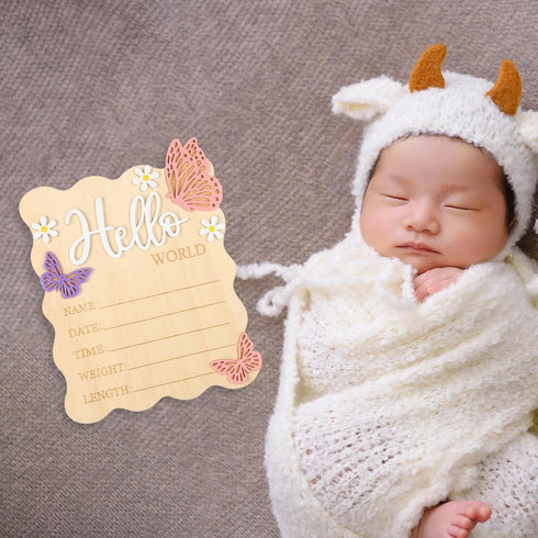 Lyreh Baby Announcement Sign, Rectangle Wooden Hello World Baby Sign with Flower and Butterfly Patterns Cute Delicate