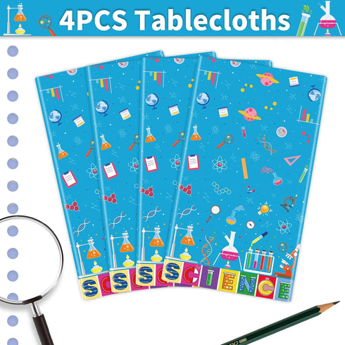 4 PCS Science Party Tablecloth Decorations, Mad Scientist Theme Birthday Party Supplies, 51 x 86in Rectangular Covers