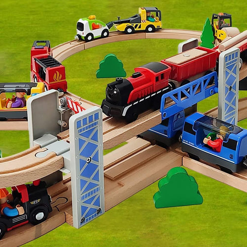 DSHMIXIA Set 3-5 Lift Bridge Wooden Crane Toy with Train Cars - Compatible with Major Wooden Rail Brands - Ages