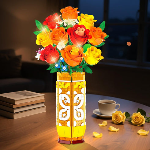 Set 3.6MM CUBIMANA Flower Bouquet Building with Vase & LED Light, Yellow, Orange and Red Roses Mini Building Blocks