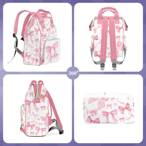 Perarts Backpack Pink Bow Personalized Diaper Bag for Baby Boy with Name, Custom Nappy Nursing Bag for Moms Dads