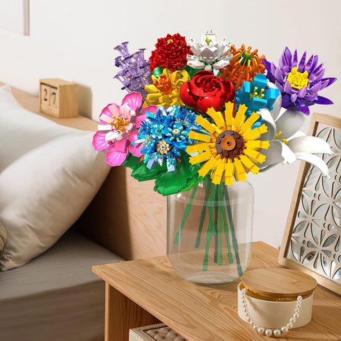 Flower Bouquet Building Set, 1009PCS DIY Plant Decoration, 12 Artificial Flowers for Ages 6+, Gift Idea