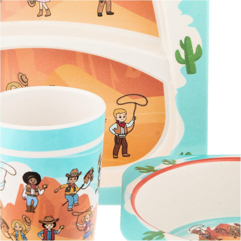 5-Piece Kids Dinnerware Set, Western Cowboys Themed Utensils, Bamboo Fiber Plate, Bowl & Cup, Toddler Safe