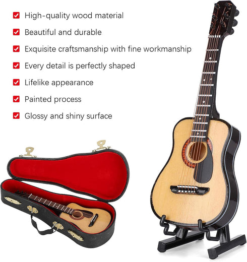 Wooden Miniature Guitar with Stand and Case, 5.9in Black Mini Guitar Model for Home Decor