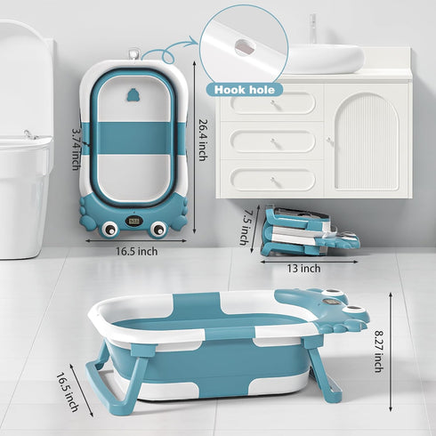 wiqins 0-36 Collapsible Baby Bathtub for Newborns with Thermometer and Soft Floating Cushion Portable and Foldable