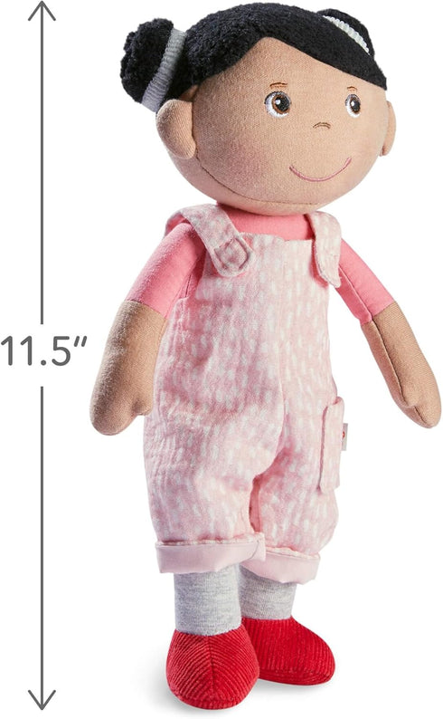 HABA Snug Up Doll Rumbi, 10" Soft Doll with Black Hair and Pink Overalls, Machine Washable for 18 Months and Up
