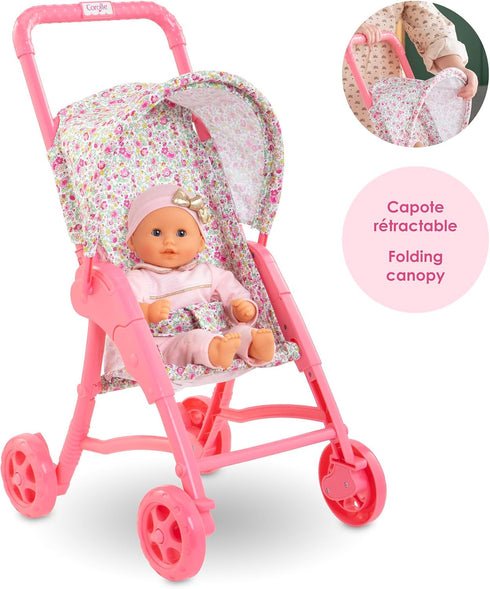 Corolle Baby Doll Stroller with Folding Canopy - Mon Premier Poupon Accessory for 12" Dolls, Pink/Floral Pattern