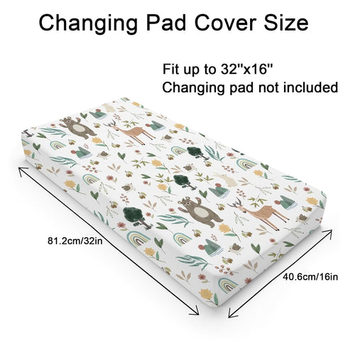 Baby Spring Woodland Animals Changing Pad Cover Sheets for Boy Girl 32''x16'' Bear Deer Bunny Birds Trees Flower Leaves Unisex Fitted Changing Table Covers Soft Breathable Diaper Change Table Mats