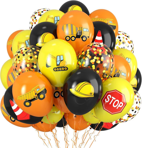 Construction Balloons, 12 Inch Black Yellow Orange Confetti Truck Construction Party Latex