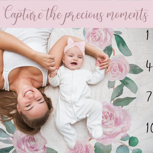 Baby Monthly Milestone Blanket for Baby Girl, Newborn Age Months Blanket Photo Prop with Growth Chart, Floral Wreath