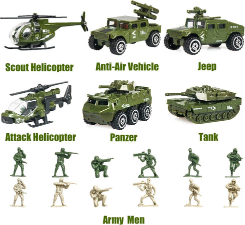18 Pack Die-cast Military Vehicles Sets, 6 Pack Assorted Alloy Metal Models and 12 Pack Soldier Army Men