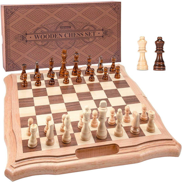 AMEROUS 15.6 inches Magnetic Wooden Chess Set, Handheld Style Board Game with Storage Slots and 2 Extra Queens