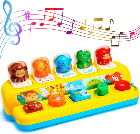 Hieoby 1 9-12-18 1-2 Interactive Pop up Animal Toys with Music & Light, Montessori Cause and Effect Toys for Year Old