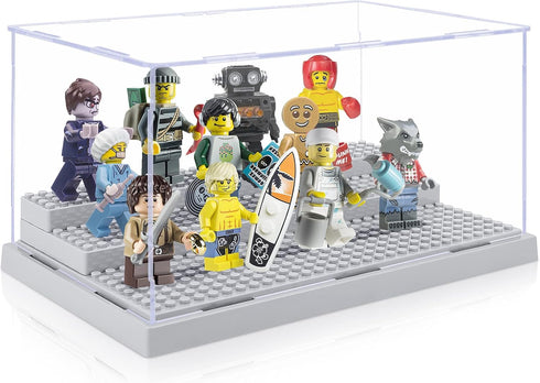 Mlikero 2 Pack Display Case for Minifigures - Clear Dustproof Acrylic Storage Box with 3 Movable Steps, Gray