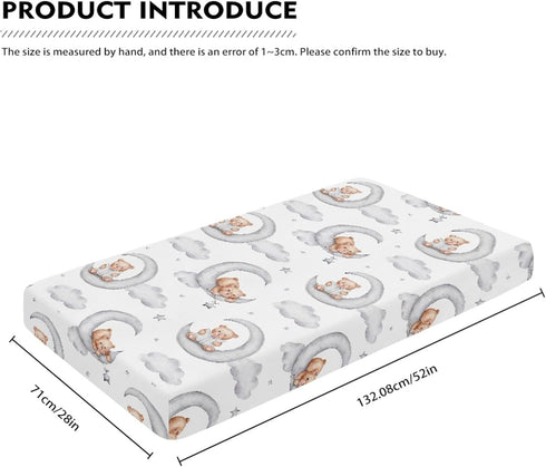QINBEIDU 28"x52" Teddy Bears Fitted Crib Sheet Watercolor Moon Star Clouds Standard Crib Mattress Fitted Sheet Grey