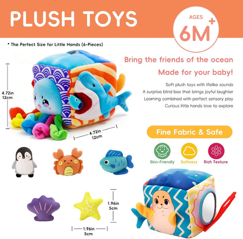 6-12 5 6 1-3 SAIMAND Baby Toys MonthsMystery Soft Box with Plush Marine Animals,Rattle,Crinkle Paper & MirrorMontessori