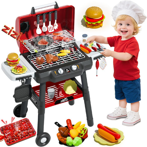 Kids Grill Playset, BBQ Toy Grill with Smoke Sound Light and Wheel,