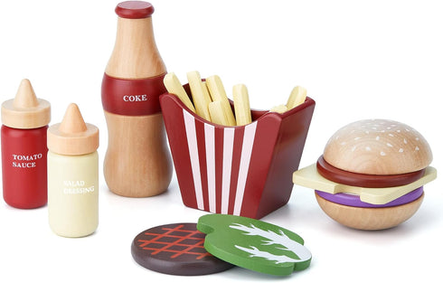 Wooden Play Food for Kids, Pretend Hamburger Set Fast Food Toy Kitchen Accessories for Boys Girls Educational Gift