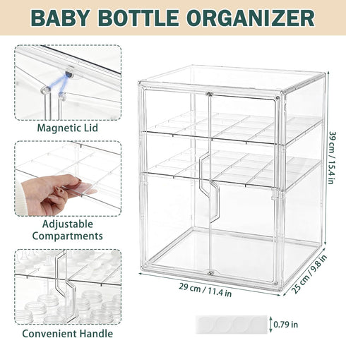 RISICULIS 3-Tier Countertop 2 Baby Bottle Organizer, Bottle Storage for with Double Magnetic Doors, Clear Plastic