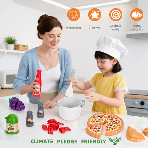 Funpynani 80Pcs Playset, Kitchen Toddler Pretend Cooking with Pots, Pans, Cookware, Food, Picnic Blanket, Fruits