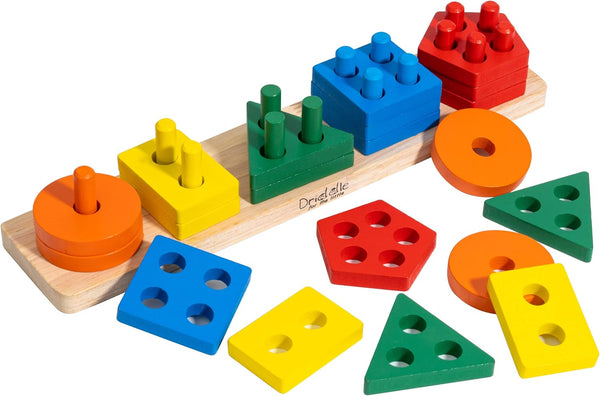 Wooden Educational Sorting and Stacking Toy - Color and Shape Recognition Puzzle Blocks for Toddlers