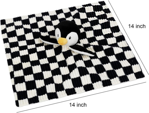 Baby Lovey Blanket for Boys Girls, Super Soft Checkerboard Gingham with Minky Dot Backing, Penguin Stuffed Animal (14