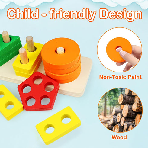 PEBIRA Montessori Toys for Toddlers - Wooden Sorting & Stacking Toys for 1 to 3-Year-Old Boys Girls
