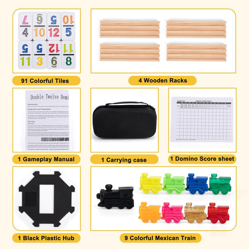 Set 91 4 12 Set Mexican Train Dominoes with Number Tiles, Wooden Racks, Double Dominoes Game for Family Fun, Parties