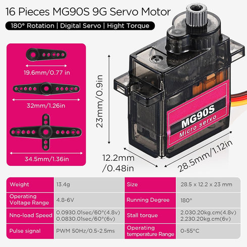 16 MG90s 9g Hanaive Pcs Mini Micro Servo Motor RC Servo Kit for Robot Helicopter Airplane Car Boat Control