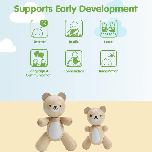 Set PlanToys Bear & Little Bear Wooden Rattle & Teether | Montessori Sensory Toy for Grasping, Auditory Learning