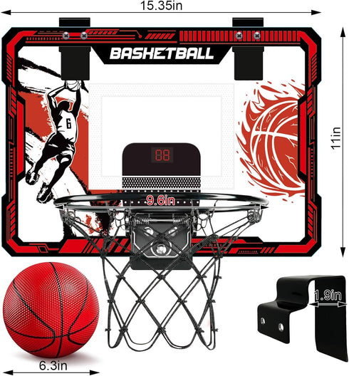 Basketball Hoop Indoor, Over The Door Mini Hoop with LED Lighting, Electronic Scoreboard, 4 Balls & Pump, Basketball
