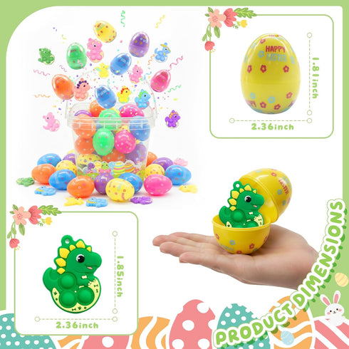BicMan 36 Pack Prefilled Easter Eggs with Dinosaur Pop Fidget Toys, Easter Egg Hunt Basket Stuffers for Kids, Easter