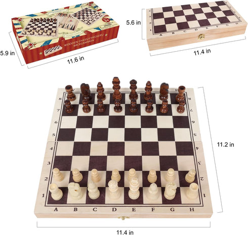 3 in 1 Board Game Set - Wooden Chess, Checker, and Backgammon, Classic Travel Toy Gift for Kids and Adults