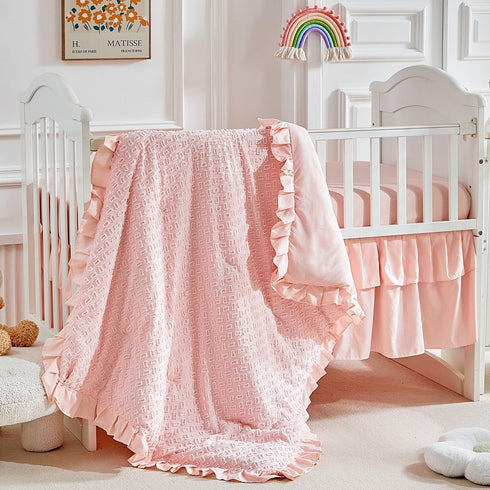 Flysheep 3 Pieces Tufted Crib Bedding Set with Ruffle Fringe, Pink Ruffled