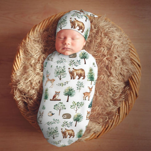 Set Watercolor Woodland Animal Tree Swaddle Blanket with Beanie Hat Newborn Receiving Blankets Baby Swaddle Wrap Soft