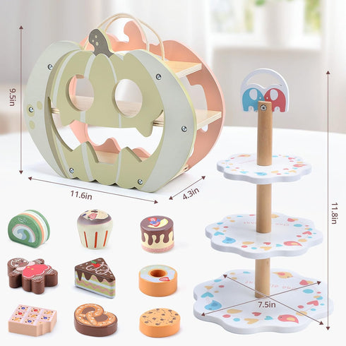Set, Playset 3-6 CUTE STONE Wooden Toy Tea Party Kids Dessert with Double-Sided Holiday Stand, Cupcake Stand, Pretend